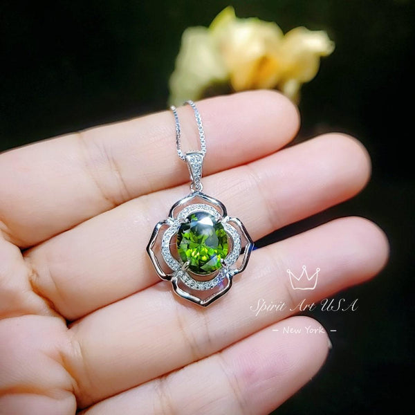 Sterling Silver Large Peridot Necklace , Green Flower of Life Necklace - Oval Cut 4.1 Ct Lab Green Peridot Flower Pendant #545