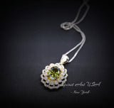 Double Gemstone Halo Peridot Necklace - White Gold coated Sterling Silver Created Green Gemstone Jewelry #677