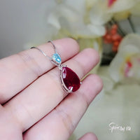 Large Teardrop Ruby Necklace Sterling Silver 6 CT Lab Red Ruby Pendant White Gold Plated Solitaire Red Gemstone Jewelry #699