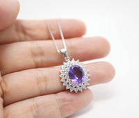 Large Genuine Amethyst Necklace - Sterling Silver Two Layer Cubic Zirconia - February Birthstone - Halo 3 CT Natural Amethyst Pendant 1116