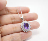 Large Genuine Amethyst Necklace - Sterling Silver Two Layer Cubic Zirconia - February Birthstone - Halo 3 CT Natural Amethyst Pendant 1116