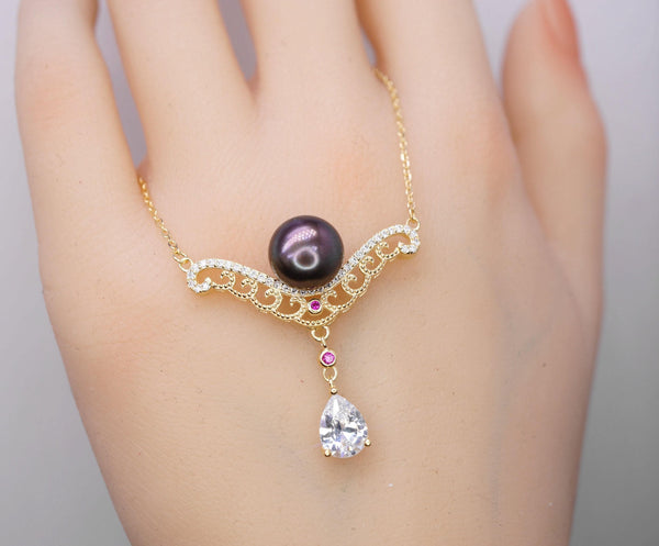 Genuine Black Pearl Necklace, Gold coated sterling Silver Teardrop Cubic Zirconia Black Pearl Jewelry #735