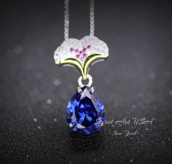 Pear Tanzanite Necklace - Ginkgo biloba 18KGP Sterling Silver - Large Teardrop 3.5 CT Tanzanite Pendant - Gemstone Leaf Jewelry #823