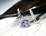 Natural Amethyst Necklace - Tiny Sterling Silver Couple Swan Necklace, Tiny Genuine Amethyst Pendant , Bird Animal Yoga Jewelry 1109