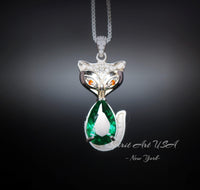 Emerald Necklace - Sterling Silver Green Gemstone Fox Pendant - 18KGP - Emerald Pets Lover Necklace #436