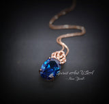 18K Rose Gold Coated Sapphire Necklace - Large Gemstone Crown Sterling Silver - 5 CT Oval Cut Lab Created Blue Sapphire Pendant #829