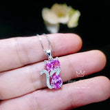 Cat Pink Tourmaline Necklace, Kitty Cat Pendant Gemstone White Gold Plated Sterling Silver Pets Lover Jewelry #213