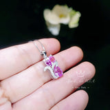 Cat Pink Tourmaline Necklace, Kitty Cat Pendant Gemstone White Gold Plated Sterling Silver Pets Lover Jewelry #213