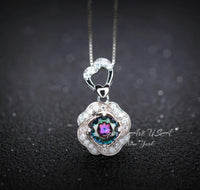 Mystic Topaz Necklace Rose Flower Style - 18kgp Sterling Silver - Dainty Round Cut Gemstone Halo Rainbow Mystic Topaz Pendant #401