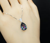 Large Teardrop Mystic Topaz Necklace - White Gold Plated Sterling Silver - Pear 6 CT Rainbow Topaz Pendant #565