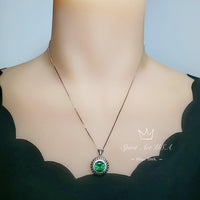 Large Sun Emerald Necklace - Sterling Silver Sunflower Necklace 4 Ct Gemstone Halo Emerald Pendant - White Gold Emerald Jewelry #491