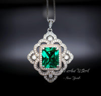 Gorgeous Green Emerald Necklace - Gemstone Flower Sterling Silver White Gold Coated - Faceted Rectangle 5 CT Emerald Pendant #878