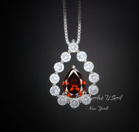 Spessartite Garnet Necklace - Teardrop Gemstone Halo Garnet Pendant - 18kgp @ Sterling Silver - January Birthstone #410
