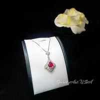 Mandolin flower Red Ruby Necklace - 1.2 ct Trillion Cut Red Ruby Pendant - White Gold coated Sterling Silver #1007