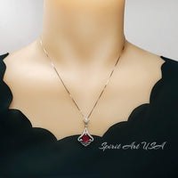Mandolin flower Red Ruby Necklace - 1.2 ct Trillion Cut Red Ruby Pendant - White Gold coated Sterling Silver #1007