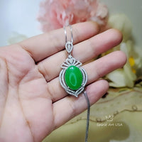 Large Green Jade Necklace Diamond Crown White Gold Coated Sterling Silver Green Jade Pendant Jewelry 1046