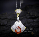 Brilliant Sunstone Necklace - Full Sterling Silver - White Gold coated - Gemstone Drop 3 CT Orange Spessartite Garnet Jewelry #828