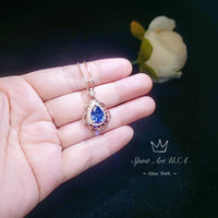 Rose Gold Blue Sapphire Necklace 2.75 CT Teardrop Royal Blue Gemstone Pendant Sterling Silver Pear Gemstone Halo Gold Petal Jewelry #743