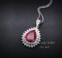 Double Halo Teardrop Ruby Necklace, 18KGP Sterling Silver, 2.75 CT Large Red Ruby Pendant, Gemstone Pear Jewelry #586