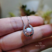 White Opal Horseshoe Necklace Sterling Silver Dainty Diamond Stone Opal Choker, Minimalist White Gold coated Opal Jewelry 1114