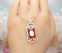Sunstone Necklace Tangerine Sapphire Jewelry - Large High Quality Square Sterling Silver 9 CT Red Orange Sun Stone Pendant Scissor Cut #779