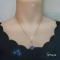 Rose Gold Blue Sapphire Necklace 2.75 CT Teardrop Royal Blue Gemstone Pendant Sterling Silver Pear Gemstone Halo Gold Petal Jewelry #743