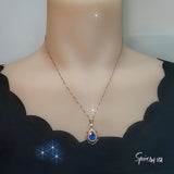 Rose Gold Blue Sapphire Necklace 2.75 CT Teardrop Royal Blue Gemstone Pendant Sterling Silver Pear Gemstone Halo Gold Petal Jewelry #743