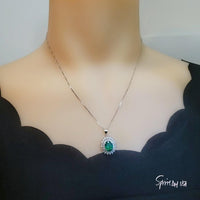 Double Halo Gemstone Emerald Necklace - White Gold Sterling Silver Halo Solitaire 3 Ct Emerald Pendant - Oval Cut May Birthstone #628