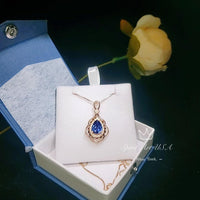 Rose Gold Blue Sapphire Necklace 2.75 CT Teardrop Royal Blue Gemstone Pendant Sterling Silver Pear Gemstone Halo Gold Petal Jewelry #743