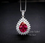 Double Halo Teardrop Ruby Necklace, 18KGP Sterling Silver, 2.75 CT Large Red Ruby Pendant, Gemstone Pear Jewelry #586