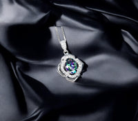 Small Mystic Topaz Necklace 1.5 ct -Sterling Silver White Gold Flower of Life Pendant #1009