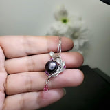Genuine Black Pearl Necklace - 18kGP @ Sterling Silver Feather Necklace - Leaf Pendant Natural Black Pearl Jewelry 1084