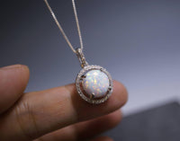 Opal Necklace - Large White Opal Gemstone Halo Circle Round 10mm 18KGP @ Sterling Silver Fire Opal #202