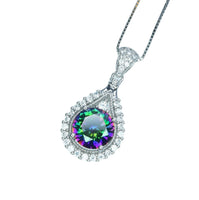 Mystic Rainbow Topaz Necklace - Sterling Silver Round 8mm Mystic Topaz Pendant - 18KGP - Teardrop Gemstone Halo Style #282