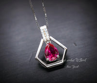 Geometric Red Ruby Necklace - Sterling Silver Triangle Diamond Teardrop Ruby Pendant Tiny Minimalist Red Gemstone Jewelry