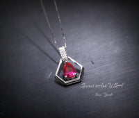 Geometric Red Ruby Necklace - Sterling Silver Triangle Diamond Teardrop Ruby Pendant Tiny Minimalist Red Gemstone Jewelry