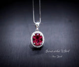 Gemstone Halo Ruby Necklace 2 CT Oval Solitaire Red Ruby Pendant Sterling Silver White Gold plated July Birthstone #164