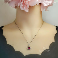 Geometric Red Ruby Necklace - Sterling Silver Triangle Diamond Teardrop Ruby Pendant Tiny Minimalist Red Gemstone Jewelry