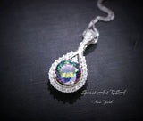 Mystic Rainbow Topaz Necklace - Sterling Silver Round 8mm Mystic Topaz Pendant - 18KGP - Teardrop Gemstone Halo Style #282