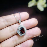 Double Halo Teardrop Garnet Necklace - 18KGP Sterling Silver - 2.75 CT Large Deep Red Garnet Pendant - Gemstone Pear Jewelry #684