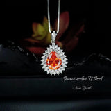 Double Halo Sunstone Necklace - Gemstone Halo Teardrop Orange Sapphire Pendant - 3 ct White Gold Coated Sterling Silver #678