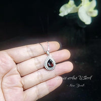 Double Halo Teardrop Garnet Necklace - 18KGP Sterling Silver - 2.75 CT Large Deep Red Garnet Pendant - Gemstone Pear Jewelry #684