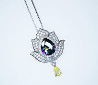 Mystic topaz Diamond Lotus Necklace - 18kgp @ Sterling Silver - Large Rainbow Mystic Topaz Pendant Luxury Flower Pendant Adjustable #1004