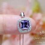 Minimalist Amethyst Necklace - Sterling Silver Halo Solitaire Tiny Created synthetic Purple Gem 1 Ct White Gold Coated Square Amethyst #004