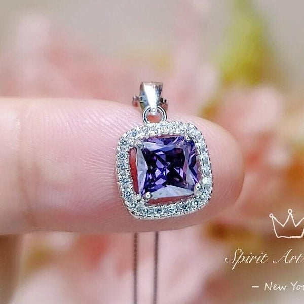 Minimalist Amethyst Necklace - Sterling Silver Halo Solitaire Tiny Created synthetic Purple Gem 1 Ct White Gold Coated Square Amethyst #004