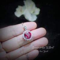 Large 10mm Ruby Necklace with Pink Tourmaline White gold @ Sterling Silver - Classic Princess Diana Style - Box Chain 4 CT Ruby Jewelry #520