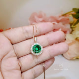 Round 3 CT Emerald Necklace Rose gold Gemstone Sun Halo Pendant Sterling Silver #525