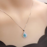 Teardrop Aquamarine Necklace Double CZ stone Circle Tiny March Birthstone Blue Aquamarine Pendant #151