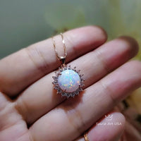 Rose Gold Opal Necklace Gemstone Halo Sunflower White Opal Pendant Sterling Silver Princess Diana Style Jewelry #209