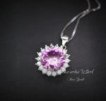Sterling Silver Pink Tourmaline Necklace - Diamond Princess Diana Style Fuchsia Solitaire Halo 10 mm 4 CT Pink Tourmaline Pendant 18kgp #432